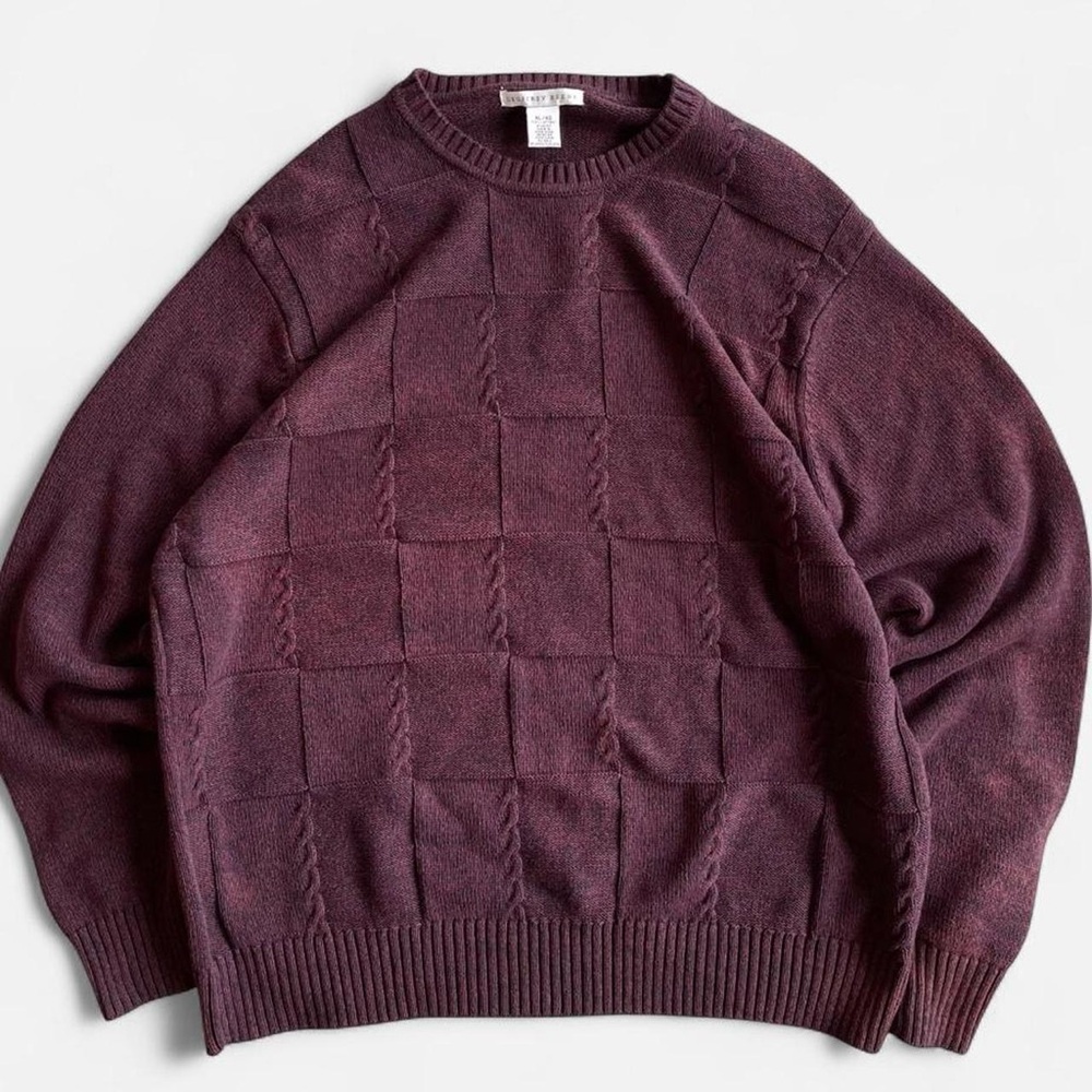 Geoffrey Beene Burgundy Black Blend Cotton Knit Crewneck Pullover Sweater XL